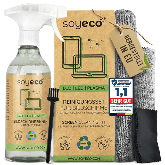 Set di pulizia per schermi ECO SOYECO con flacone da 500 ml, due panni e spazzolino
